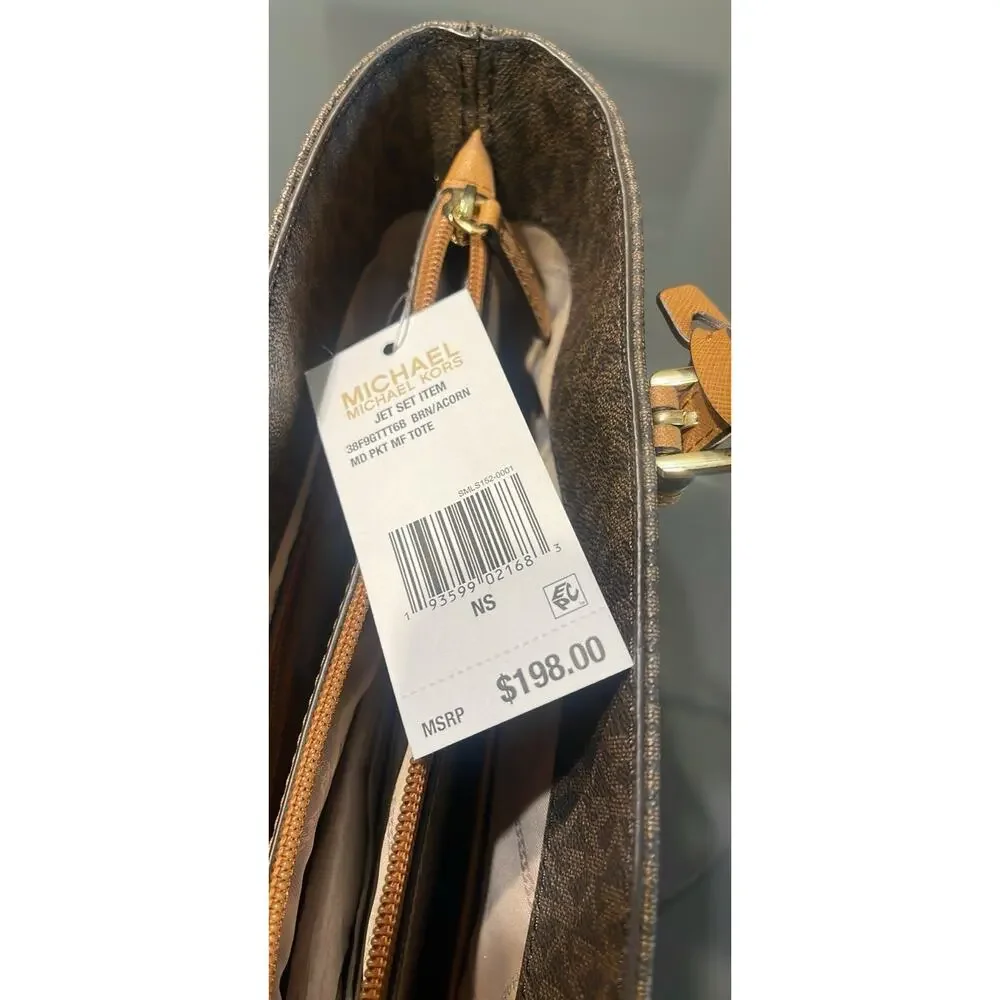 Michael Kors Jet Set MK Logo Brown Leather Tote Bag Purse New with Tag